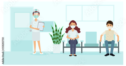 Social distancing and coronavirus covid-19 prevention  maintain a safe distance from others in hospital. Nurse and patients in the hospital. Vector illustration.