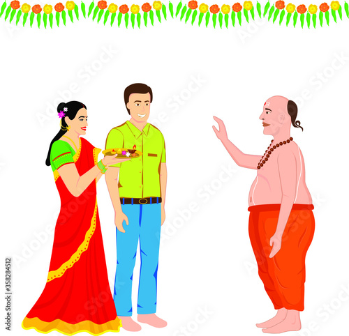 Creative design of the traditional Indian couple getting the blessings from the traditionally dressed Indian priest in a very attractive style. photo