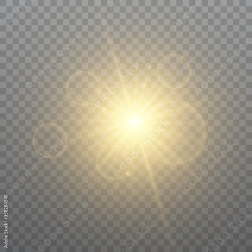 Glow light effect. Sun flash with rays and spotlight. Star burst with sparkles. Vector sparkles on a transparent background.