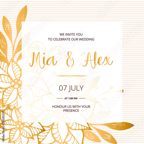 Wedding invitation card  save the date with golden frame  flowers  leaves and branches. 