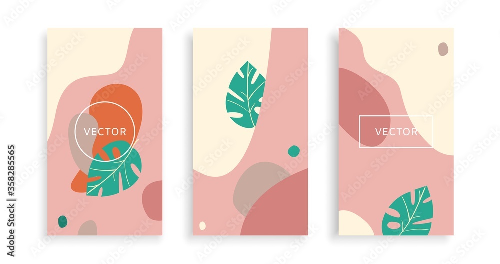 Set banners organic shapes, bookmark background, bright graphic template, modern abstract poster, cartoon vector illustration. Concept fashion layout liquid elements on flyer, minimal dynamic style.