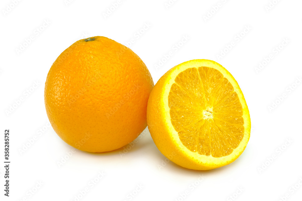 Orange fruit with orange slices isolated on the white background. Orange fruit with orange slices isolated on the white background.