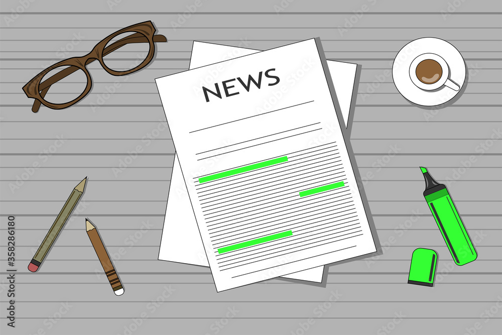 News, newspaper, coffee cup, green marker, 2 pencils,and glasses on gray table top view vector illustration News, newspaper, coffee cup, green marker, 2 pencils,and glasses on gray table top view vector illustration
