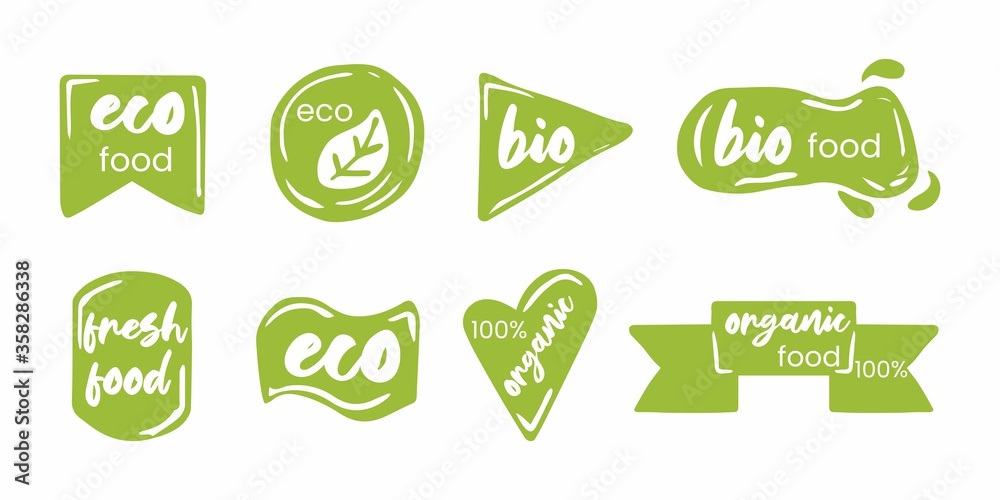 Eco emblem. Oganic food icons. bio products stamp. green ecology market. vector hand drawn set