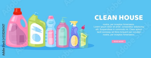 clean house, inscription on bright banner,internal housework, advertising household, design in cartoon style vector illustration. Main page website, equipment, detergent for mopping and cleaning.