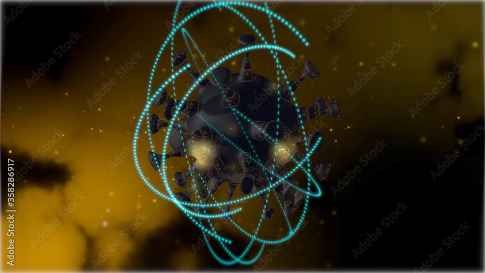 The second wave of coronavirus. 3d render of abstract virus cell inside a transparet bubble over blurred dark yellow background. The second wave of coronavirus. 3d render of abstract virus cell inside a transparet bubble over blurred dark yellow background.