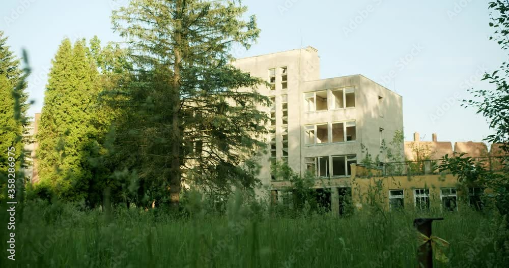 Abandoned Industrial Building Taken Over by Trees, Grass, Bushes Abandoned Industrial Building Taken Over by Trees, Grass, Bushes