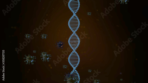 3D animation of rotating DNA strand surrounded and attacked by alien cells.