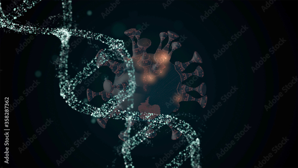 Inherited genetics concept. Virus affacting human hereditary traits in DNA over abstract background.