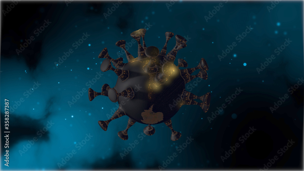 Naklejka premium Pandemic virus cell rotating over nebula background with light particles.