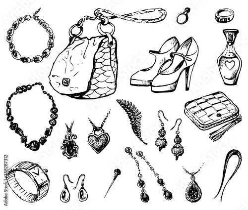 Vector sketches of various sets of female jewelry and accessories