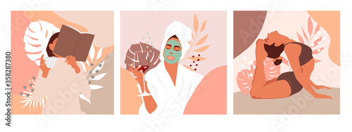 Quarantine, stay at home concept series - girls sitting at their home, room or apartment, practicing yoga, reading books, enjoying beauty routine. Perfect for posters, tote bag, print, sticker, card.
