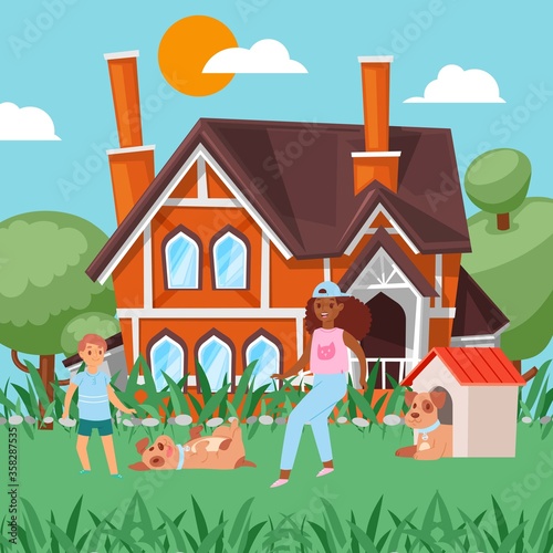 Happy children play with puppies outdoors, joyful boy and pet, girl rejoices with cheerful dog, cartoon style vector illustration.Summer near house, healthy lifestyle, green trees, juicy, fresh grass.