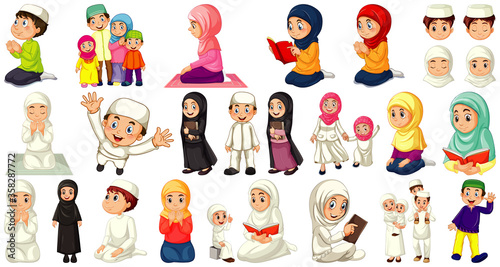 Set of different muslim people cartoon character isolated on white background