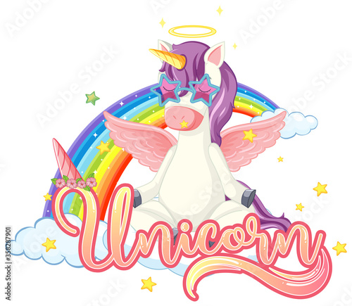 Colourful unicorn meditate on sky