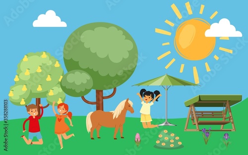 Happy kids jumping and rejoicing horses  cute nature outdoors  attractive playground  design  cartoon style vector illustration. Outside city  nature fruit trees  green grass  funny boys and girls.