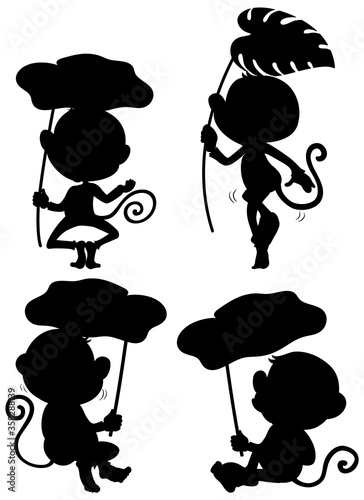 Set of monkey holding leaf silhouette