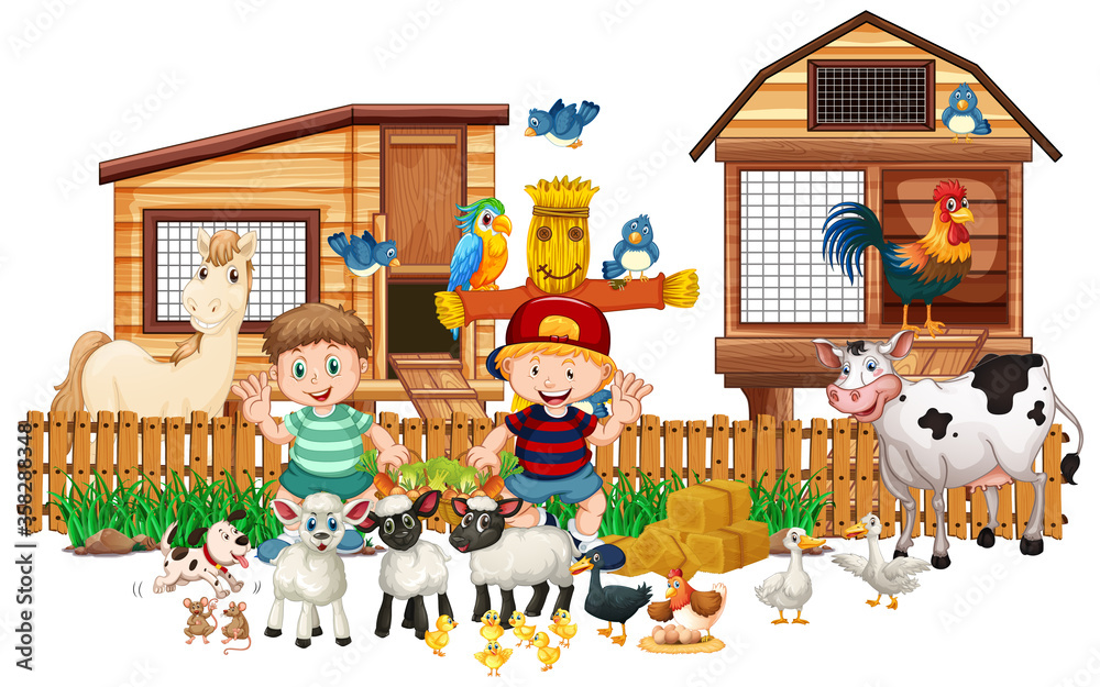 Naklejka premium Animal farm with two kid isolated