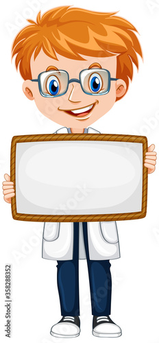 Blank sign template with cute boy on white background