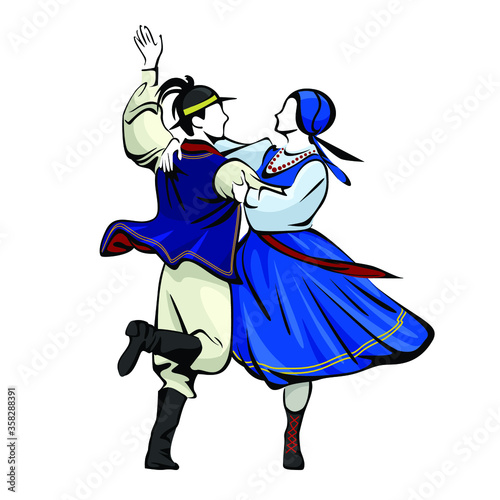 Color linear vector illustration of silhouettes of a man and a woman dancing Polish folk dance in national costumes