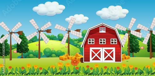 Farm scene in nature with barn and windmill