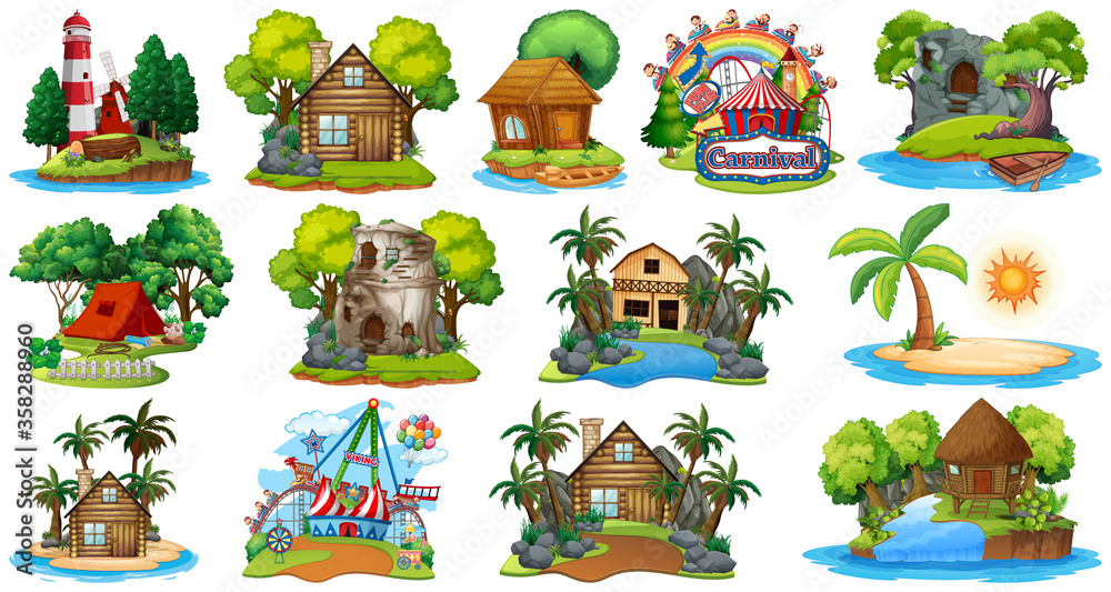 Set of different bangalows and island beach theme and amusement park isolated on white background Set of different bangalows and island beach theme and amusement park isolated on white background