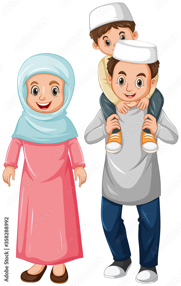 Arab muslim family in color traditional clothing isolated on white background Arab muslim family in color traditional clothing isolated on white background