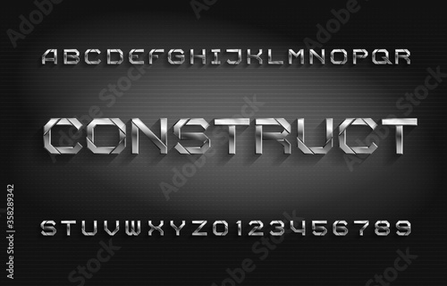 Construct alphabet font. Metal effect letters and numbers with shadow. Abstract background. Stock vector typeface for your typography design.