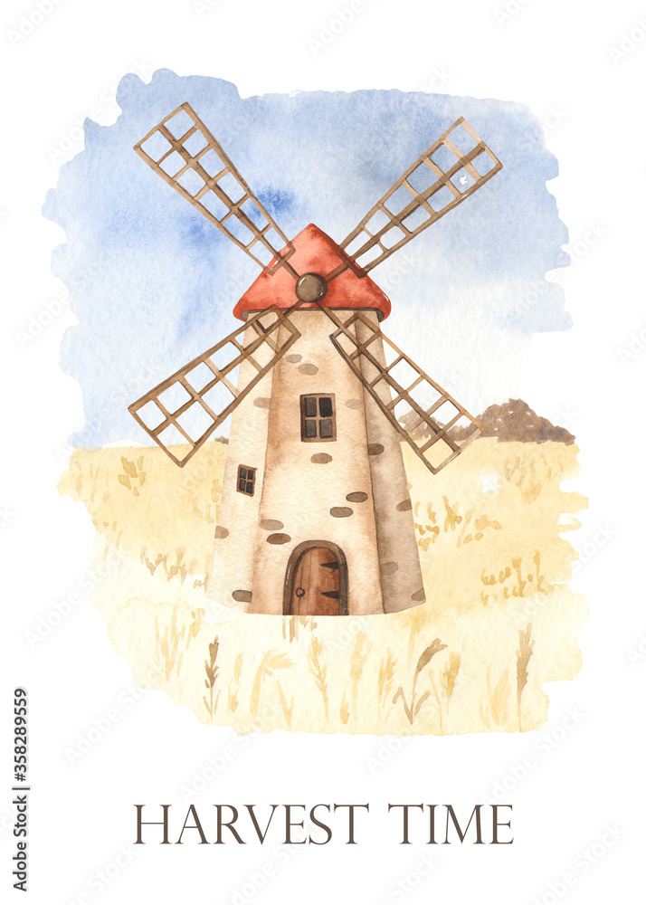 Harvest time watercolor greeting card with windmill.