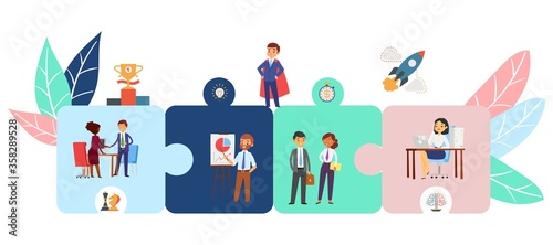 Puzzle and people, bright business composition, modern concept, idea, quality meeting objectives, cartoon vector illustration. Men, women work as team in office to achieve success in solving problems.