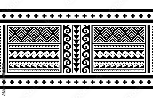 Tribal ethnic Polynesian geometric seamless vector long horizontal pattern, Hawaiian black and white design inspired by Maori tattoo art
 photo
