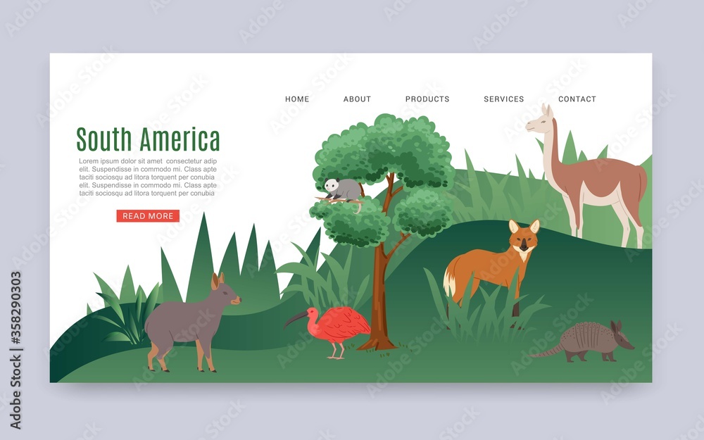 Φωτογραφία Inscription south america, colorful web banner, continental jungle, american mammals, wildlife, cartoon style vector illustration