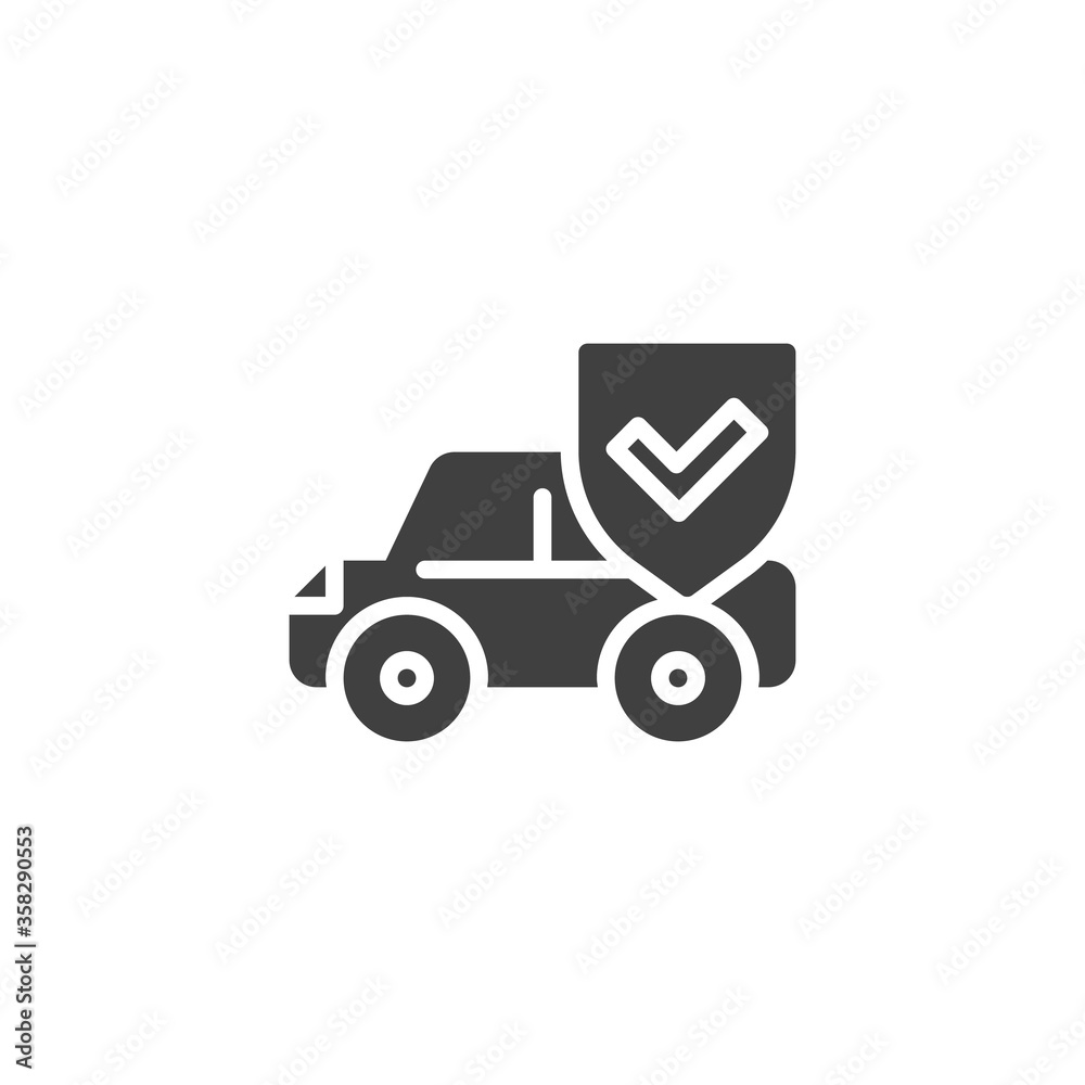 Car insurance vector icon. Auto protection shield filled flat sign for mobile concept and web design. Car protection glyph icon. Symbol, logo illustration. Vector graphics