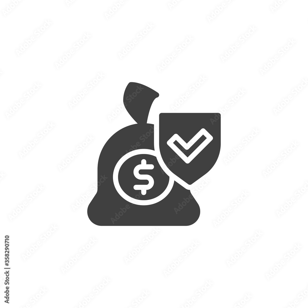 Finance insurance vector icon. Money savings filled flat sign for mobile concept and web design. Money bag with protection shield glyph icon. Symbol, logo illustration. Vector graphics Finance insurance vector icon. Money savings filled flat sign for mobile concept and web design. Money bag with protection shield glyph icon. Symbol, logo illustration. Vector graphics