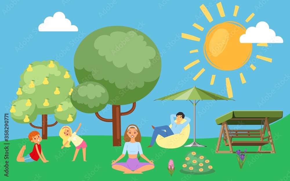 Obraz premium Family in summer loves to relax in nature, father, mother with children in park outdoors, design, cartoon vector illustration. Happy people together on vacation, camping, boy doing fitness with girl.