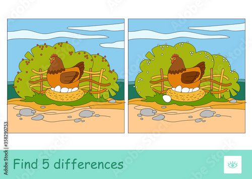 Find five differences quiz learning children game with image of brood chicken sitting on eggs in nestle on countryside farm bird yard with garden background. Colorful image of domestic animal.