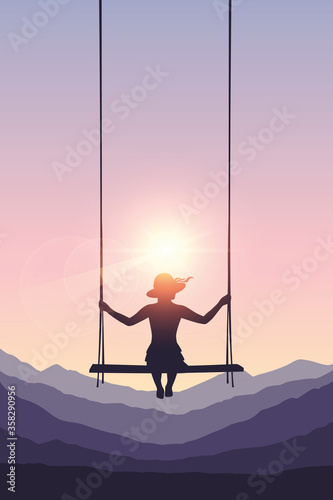 pretty girl on a swing on mountain background in summer vector illustration EPS10 © krissikunterbunt