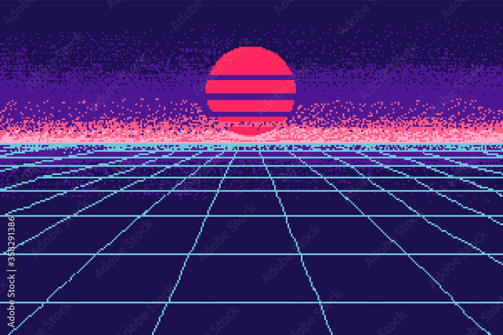 Vettoriale Stock 80 s purple city. Pixel art 8 bit object. Fashion poster.  Retro game assets. Futuristic Video arcade. Vector illustration. | Adobe  Stock