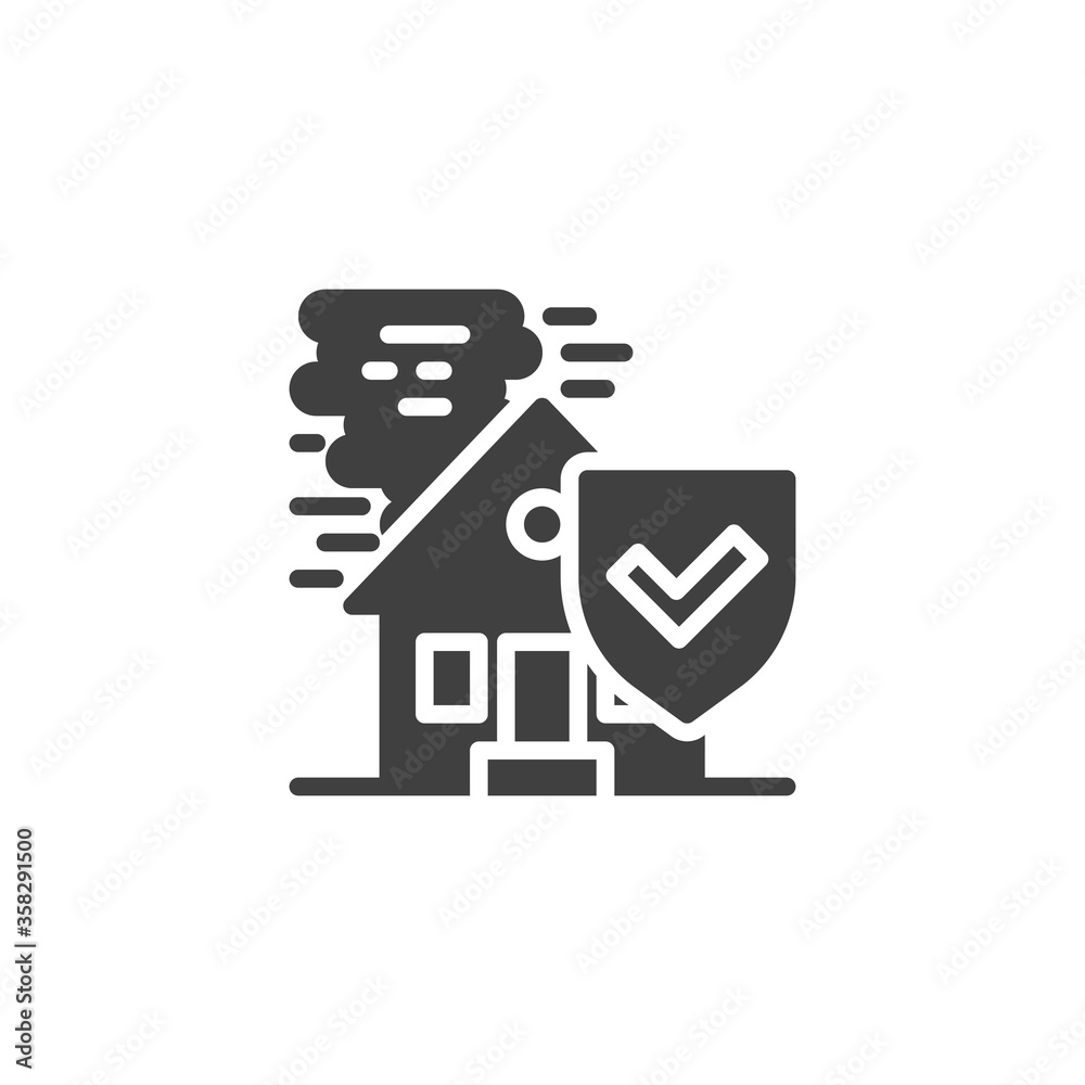 Catastrophe insurance vector icon. House, tornado and shield filled flat sign for mobile concept and web design. Disaster risk insurance glyph icon. Symbol, logo illustration. Vector graphics