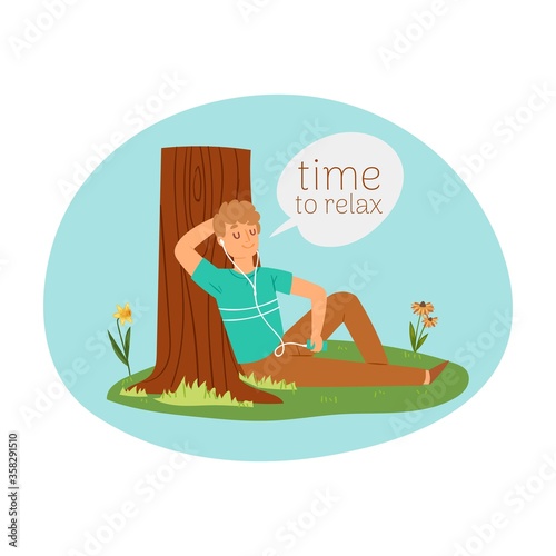Time to relax  vacation concept  fashionable outdoor recreation  young man listening to music  cartoon style vector illustration. Satisfied guy with player spends free time outdoors  positive break.