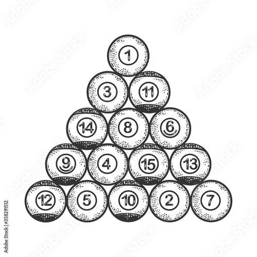 Photo billiard balls lined up in a triangle sketch engraving vector illustration
