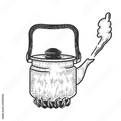 boiling kettle sketch engraving vector illustration. T-shirt apparel print design. Scratch board imitation. Black and white hand drawn image.