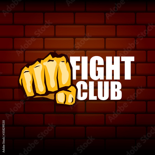fight club vector logo with orange man fist isolated on brick wall background. MMA Mixed martial arts concept design template