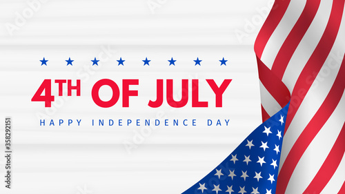 Independence day 4 th july poster. Usa independence day celebration. American national holiday. Invitation template with text and waving us flag on white wooden background