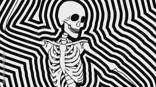 Seamless animation psychedelic dancing skeleton printed drawn style cartoon. Hypnotic halloween background with marker stroke effect  in black and white. photo