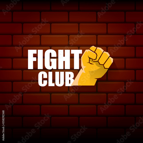 fight club vector logo with orange man fist isolated on brick wall background. MMA Mixed martial arts concept design template