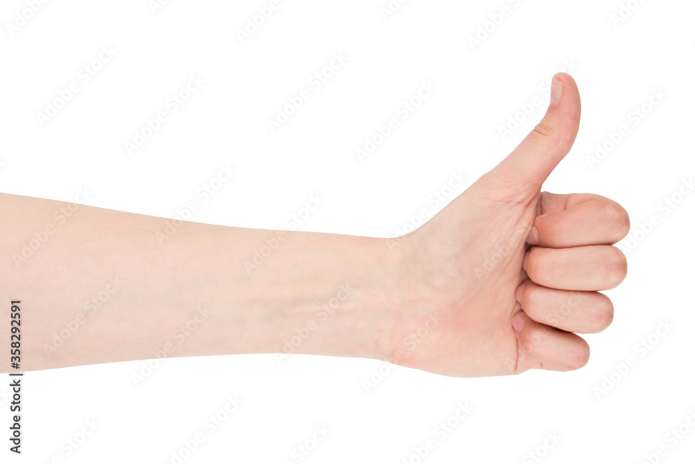Hand gesture - thumbs up, isolated on a white background. female palms indicate something, blank for your design. Hand gesture - thumbs up, isolated on a white background. female palms indicate something, blank for your design.