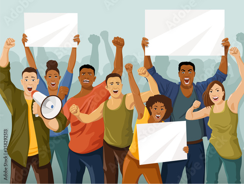 Protesting crowd. European and Afro American men and women with blank banners are shouting and raising up hands clenched fist. People assert their rights. Vector illustration