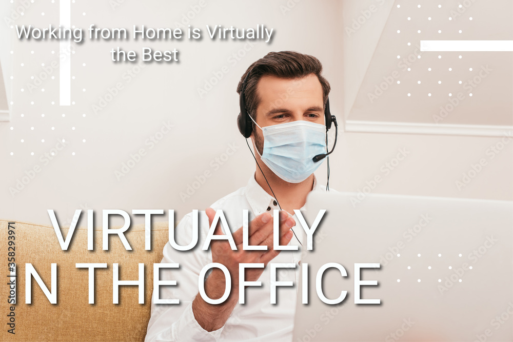 Selective focus of freelancer in medical mask using headset while having video call on laptop at home, virtually in office illustration
