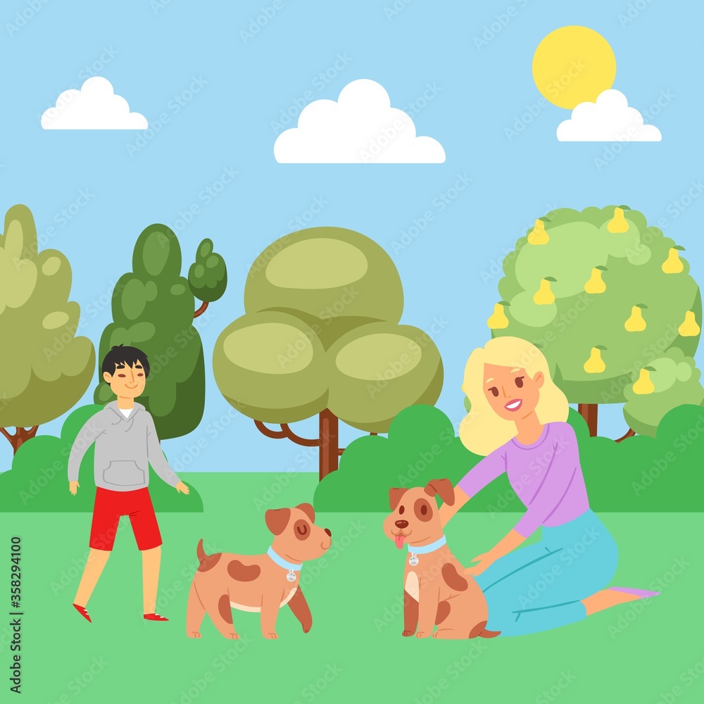 Summer park, boy playing with puppy, joyful man and happy dog in nature, outdoor, design, cartoon style vector illustration. Useful lifestyle, Good rest, dog, man s best friend, woman stroking pet.
